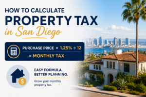Property tax calculation formula infographic for San Diego homes with monthly tax example

