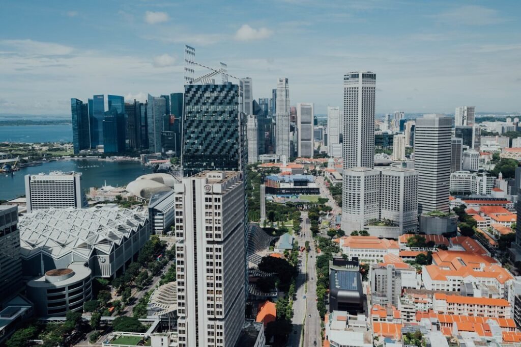 Aerial view of modern city skyline with high-rise buildings