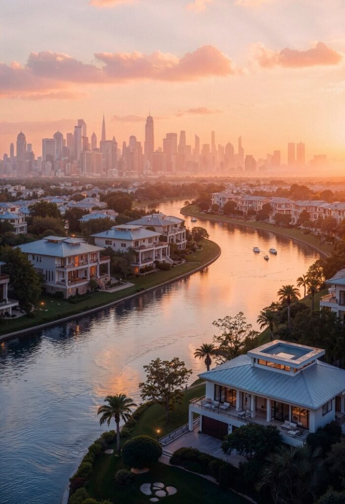 Luxury waterfront homes at sunset with scenic water views